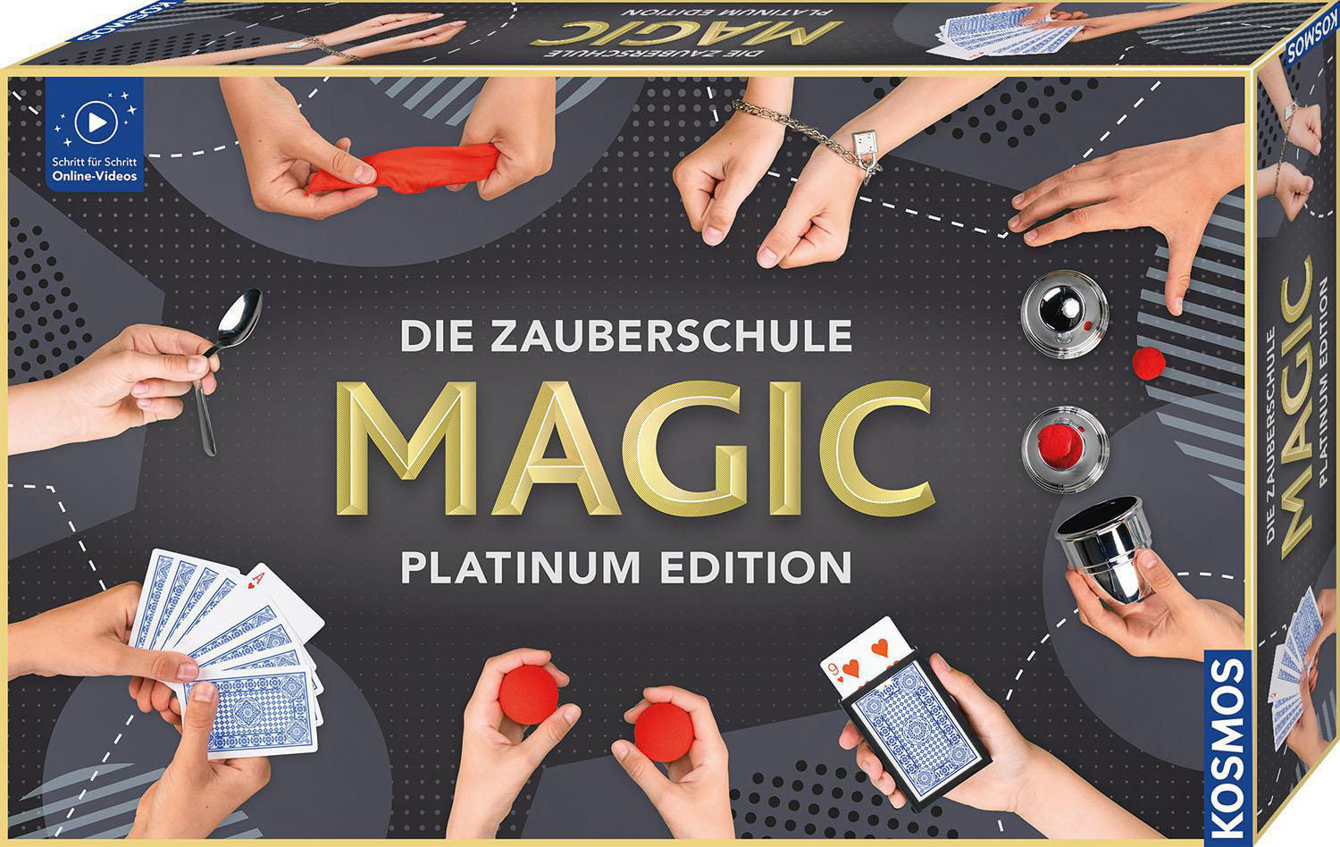 Zauberkasten mit verschiedenen Zauberutensilien und Händen, die Tricks vorführen. Titel: Die Zauberschule Magic.