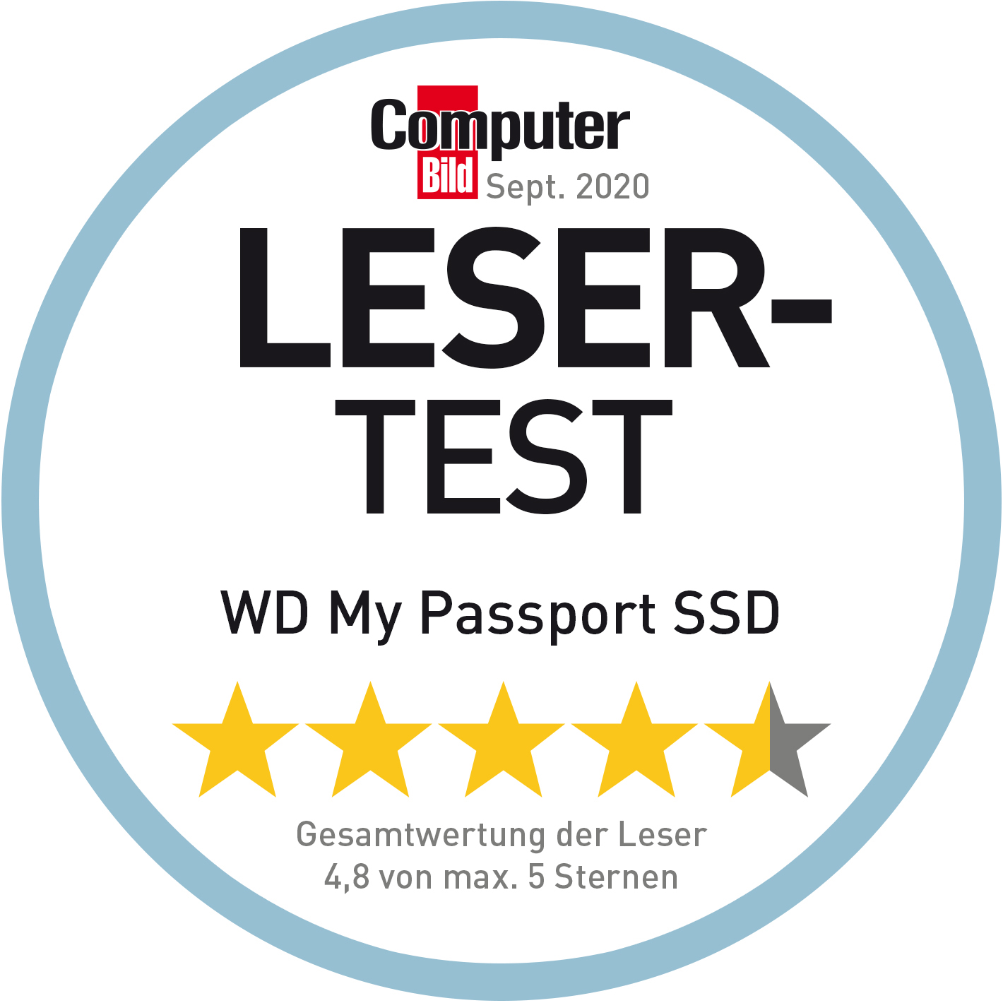 Un badge rotondo, con un logo Computer Bild, testo e valutazioni a stelle d'oro. Bianco e blu.