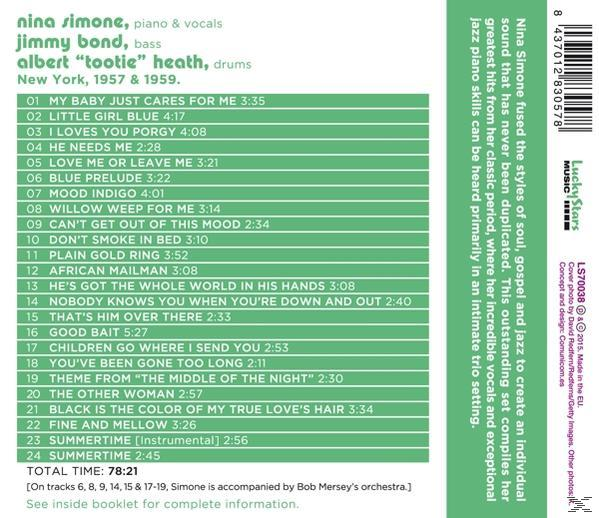 Nina Simone album borítójának hátulja, zenei listával és szöveggel zöld és fehér színben.