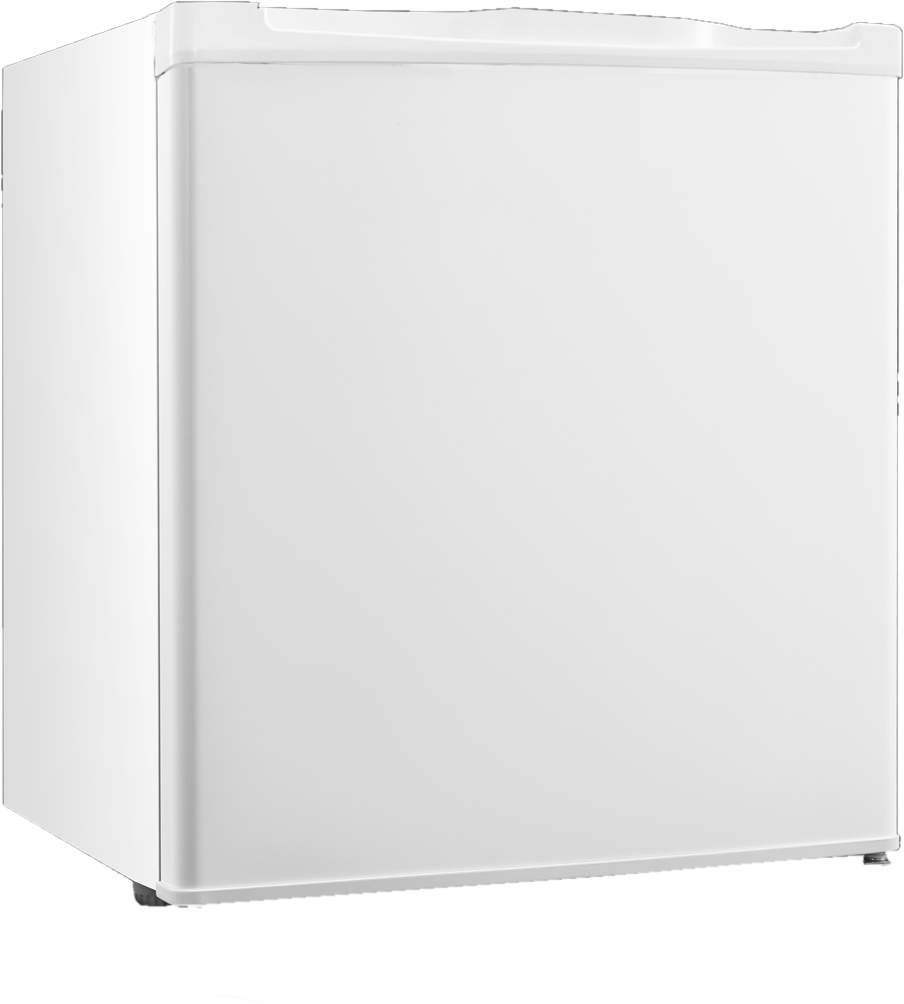 Ein weißer Mini-Kühlschrank mit einer einzigen Tür und einem einfachen Design, auf schwarzem Untergrund.