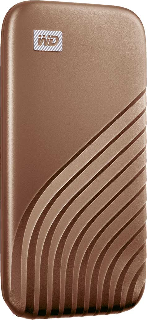 WD My Passport externe harde schijf, bruin met golfontwerp.