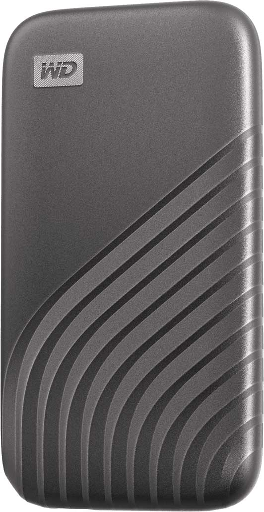 Disque dur portable WD gris foncé avec un design strié.