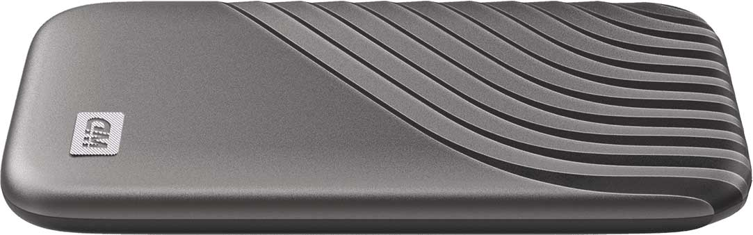 Disque dur portable gris foncé avec une texture de surface ondulée et le logo WD.