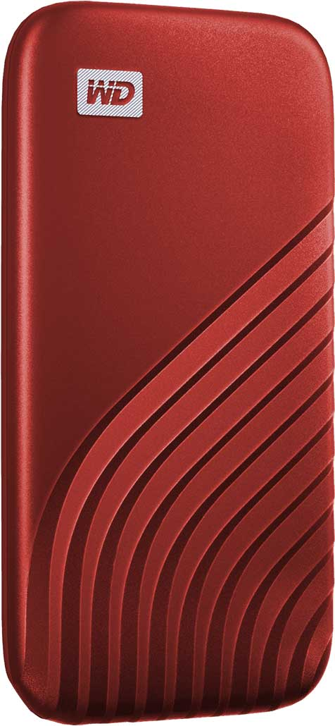 A red, rectangular external hard drive. It has a wavy, textured design on its front.