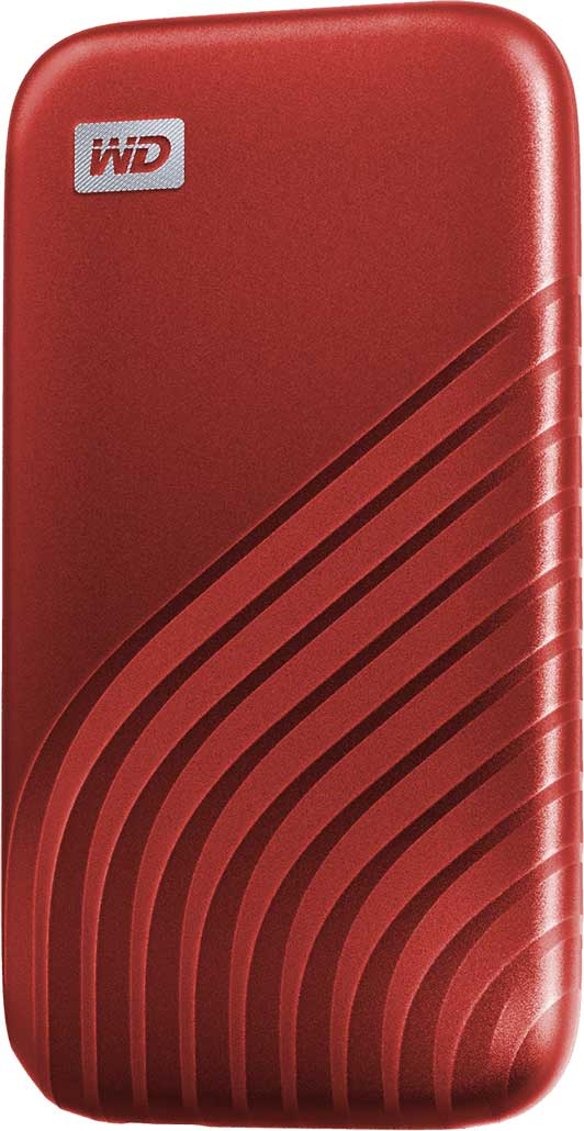 A red WD external hard drive with a textured design. White background.