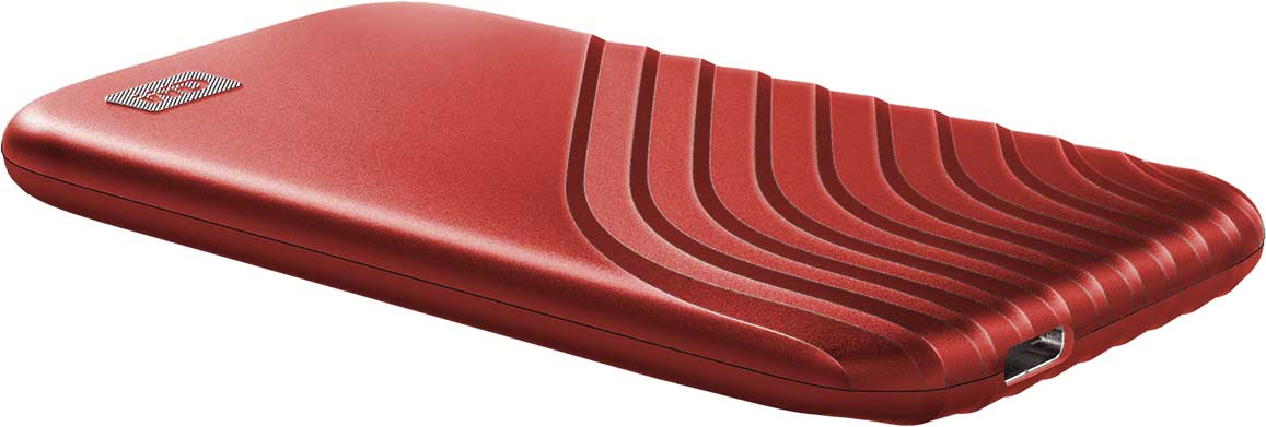 Red portable hard drive with a unique ridged design. The bottom has a port.