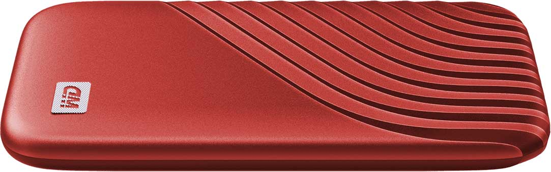 Red WD My Passport external hard drive with a wave design.