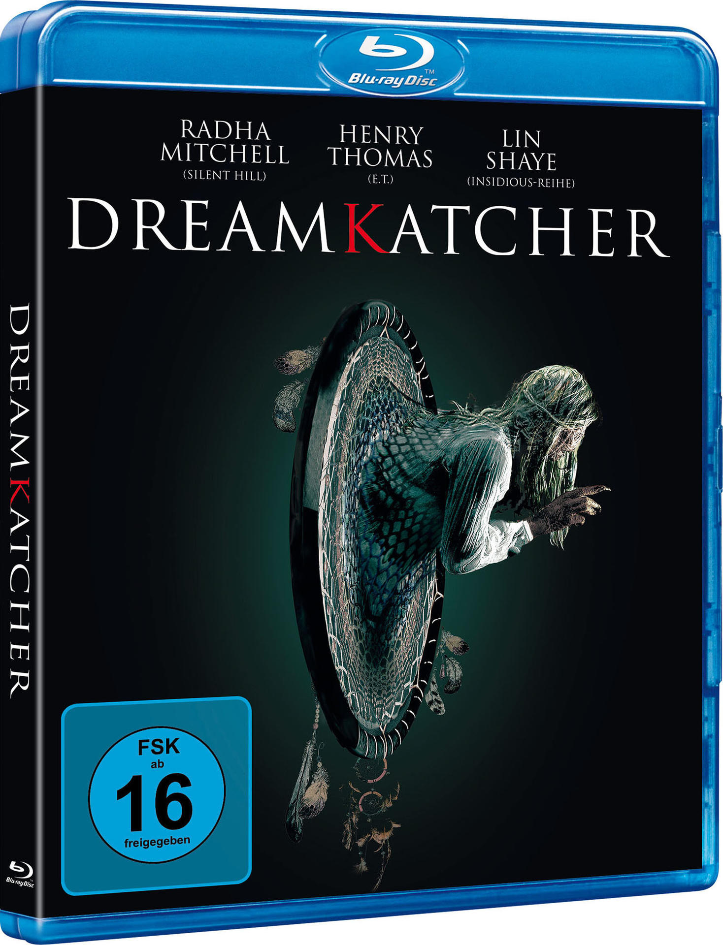 Blu-ray-Disc-Cover für den Film 'Dreamkatcher' mit einer Frau und einem Portal.