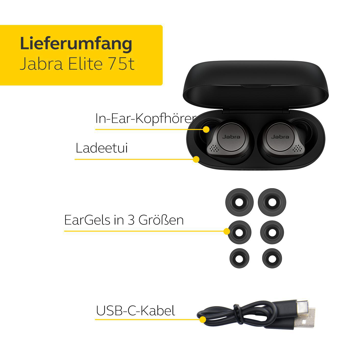 JABRA Elite 75t mit ANC, In-ear Kopfhörer Bluetooth Titan Schwarz
