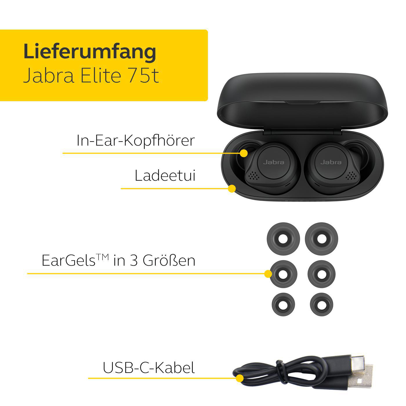 JABRA Elite 75t mit Bluetooth In-ear ANC, Kopfhörer Schwarz
