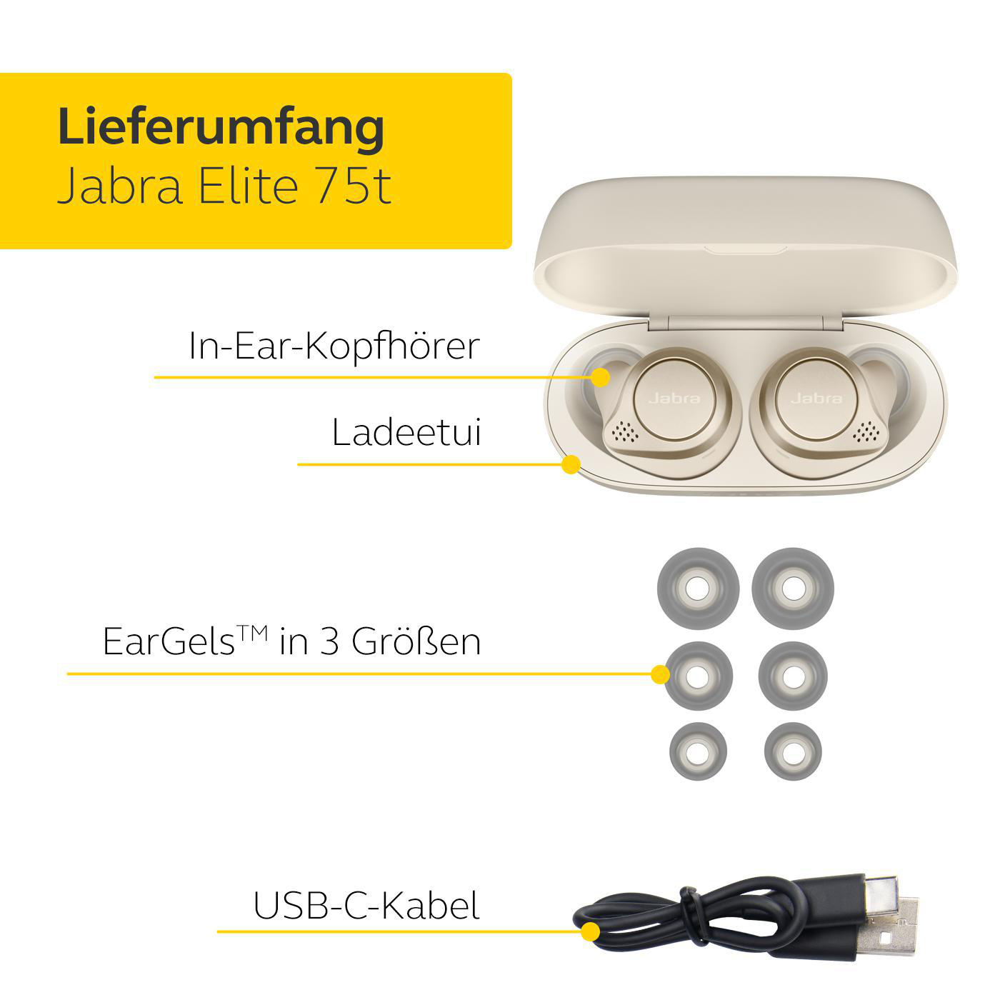 JABRA Elite 75t mit ANC, In-ear Kopfhörer Bluetooth Gold/Beige