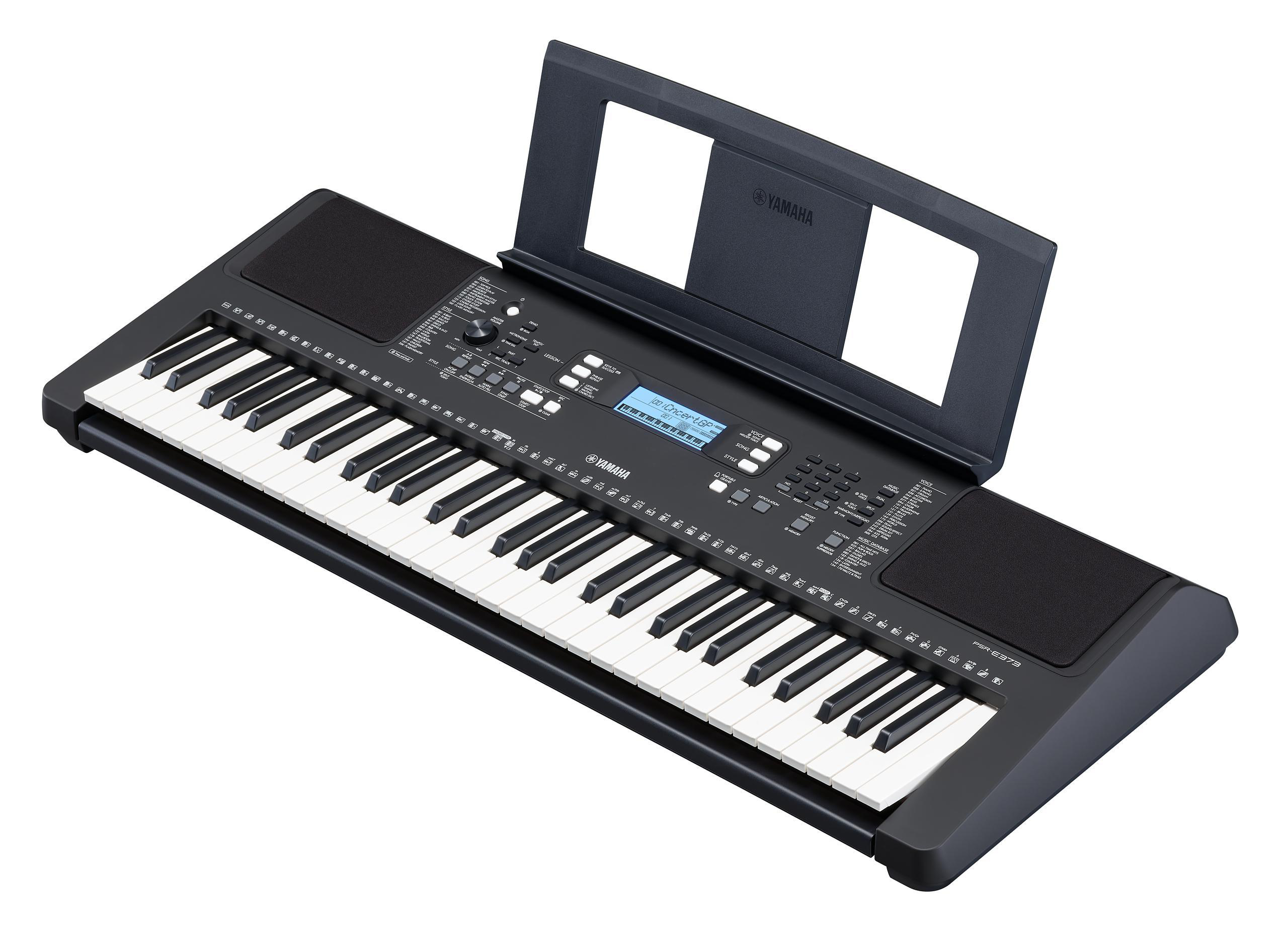 Schwarzes Yamaha-Keyboard mit weißen Tasten und Notenständer. Der Markenname 'Yamaha' ist sichtbar.
