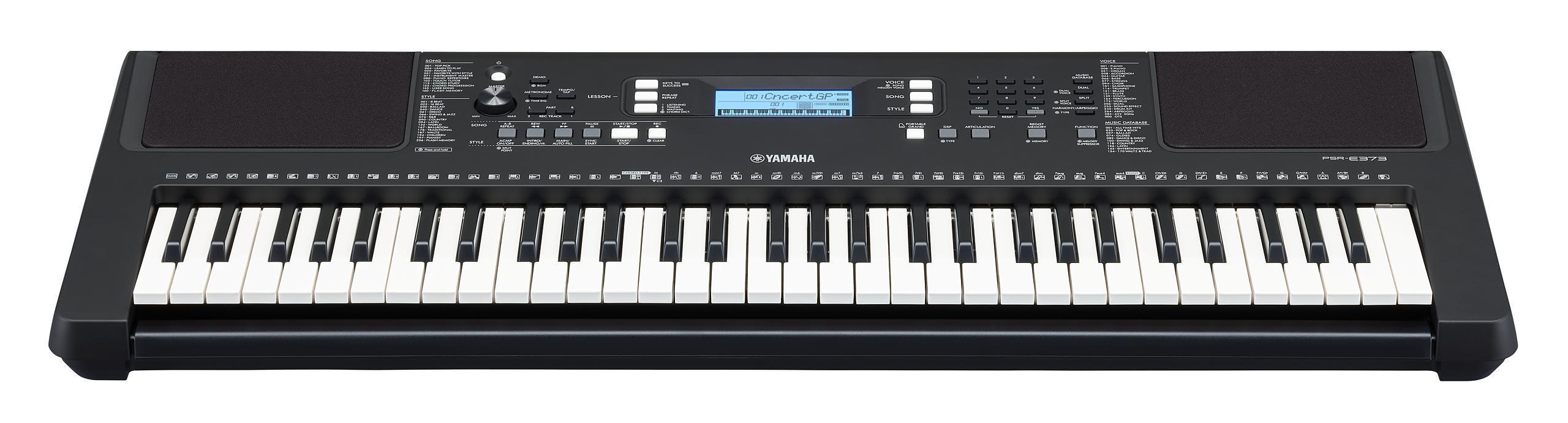 Schwarzes Yamaha-Keyboard mit weißen Tasten. Das Keyboard hat ein Display und viele Knöpfe.