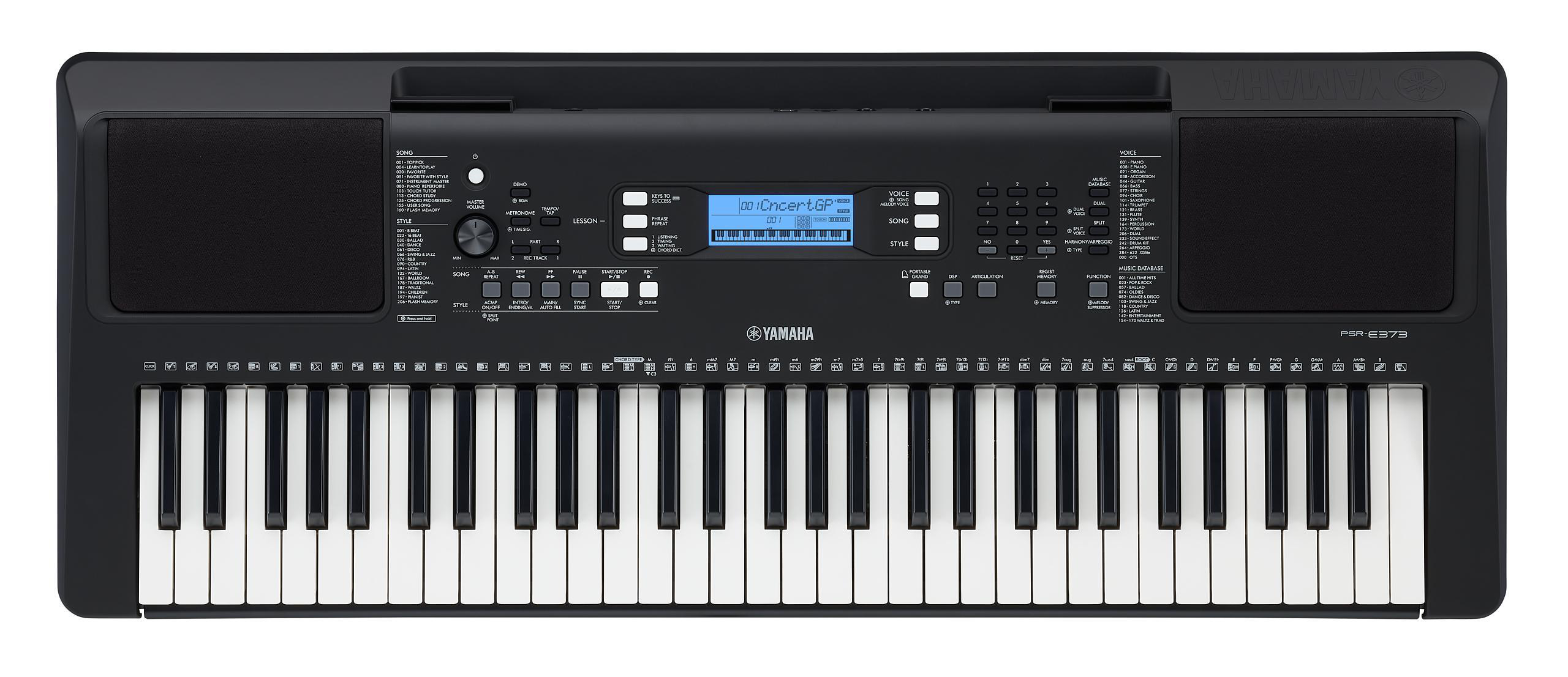 Schwarzes Yamaha-Keyboard mit weißen Tasten. Das Keyboard hat ein Display, viele Knöpfe und Lautsprecher.