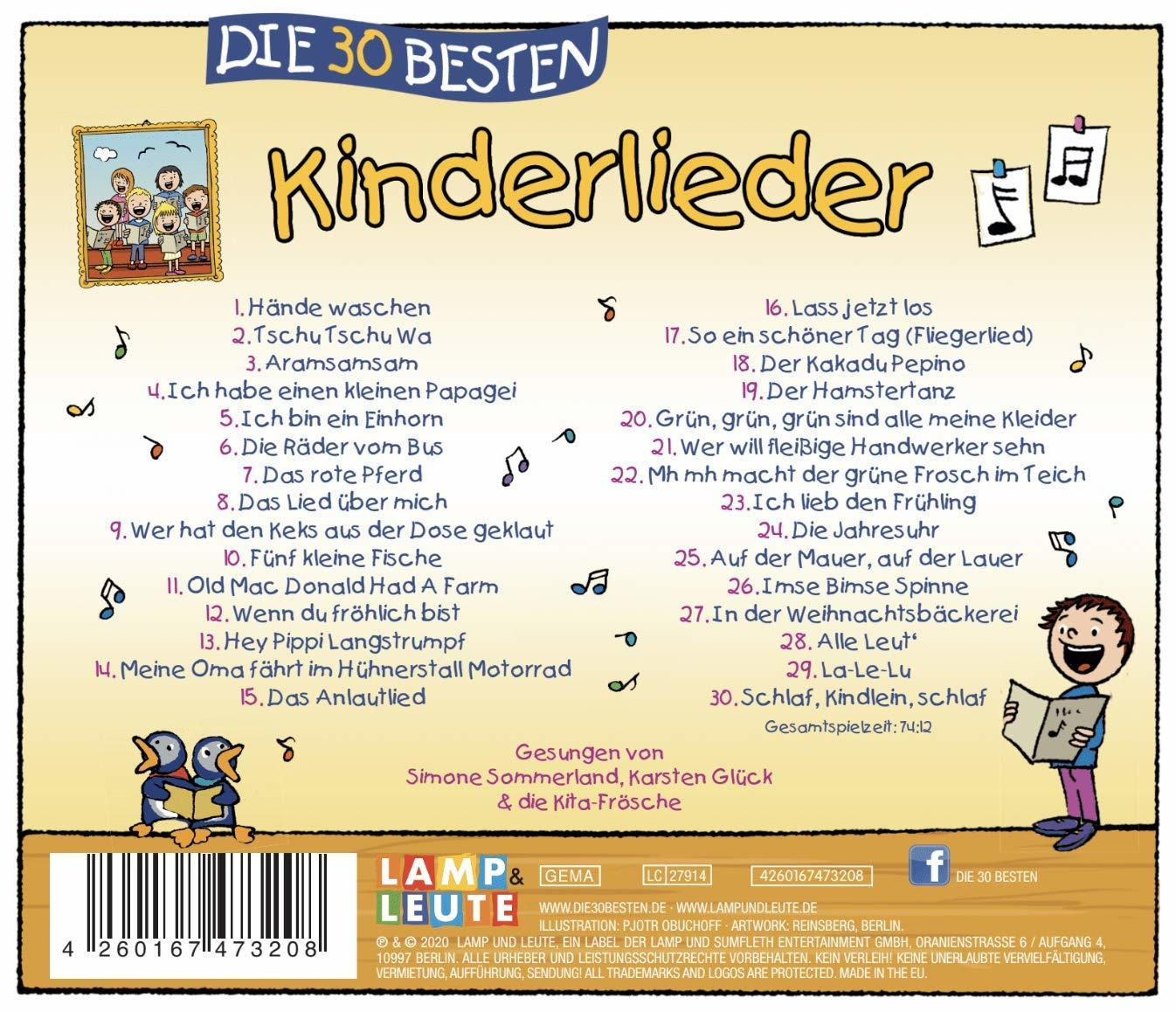 CD-Cover mit Songtiteln und Illustrationen von Pinguinen und Noten.