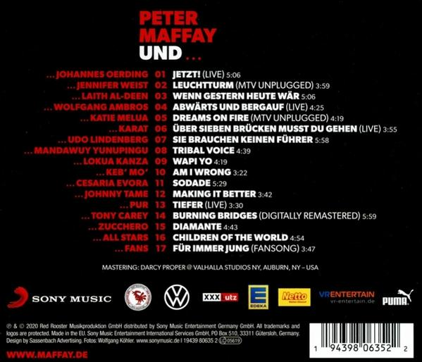 CD-Cover, weißer Hintergrund, mit Text und einer Liste von Songs und Künstlern.
