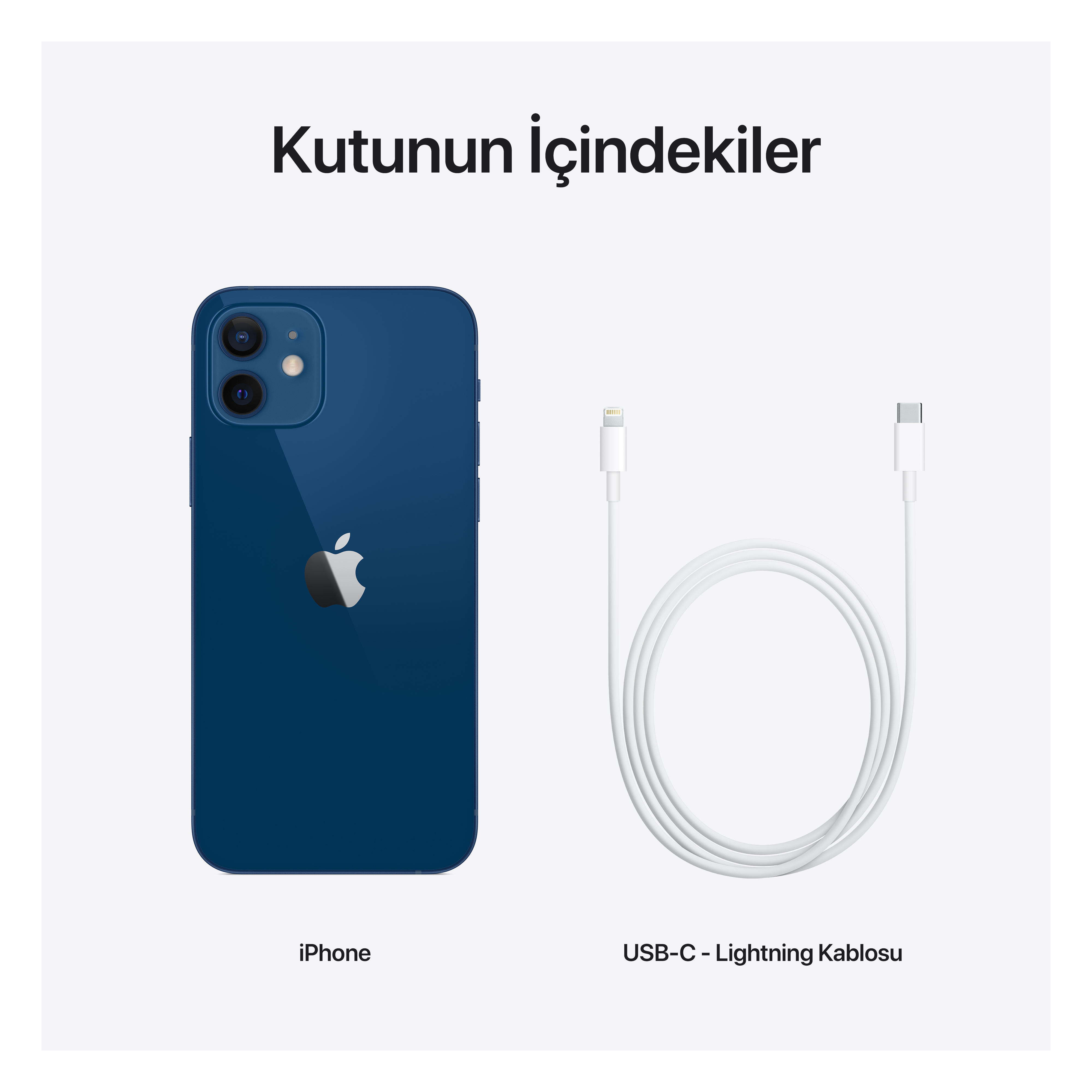Beyaz bir arka plan üzerinde, bir kablo ve kutu ile bir iPhone, Türkçe metinle.