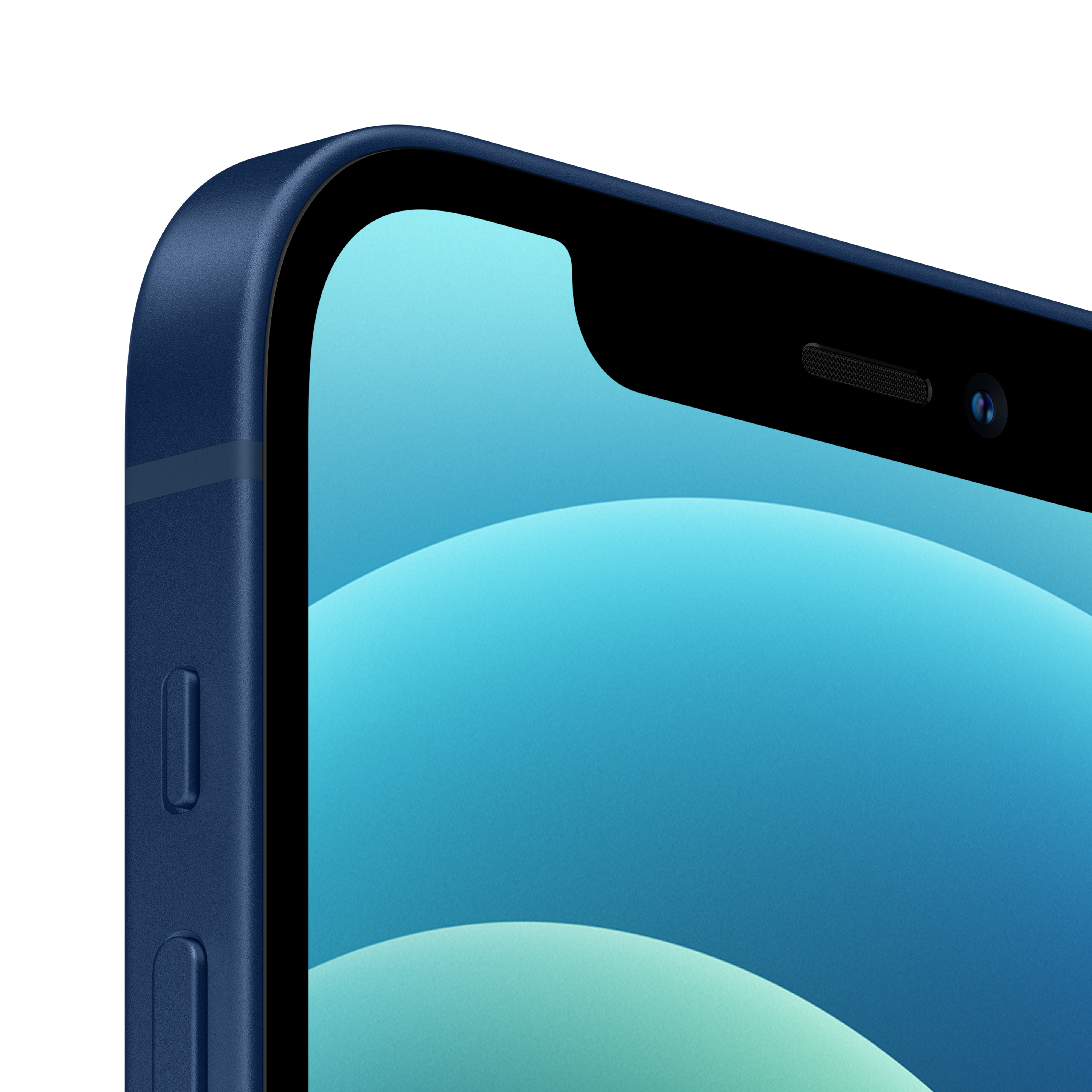 Mavi bir iPhone'un yakın çekimi. Ekran mavi, siyah kamera ve hoparlör alanı var.