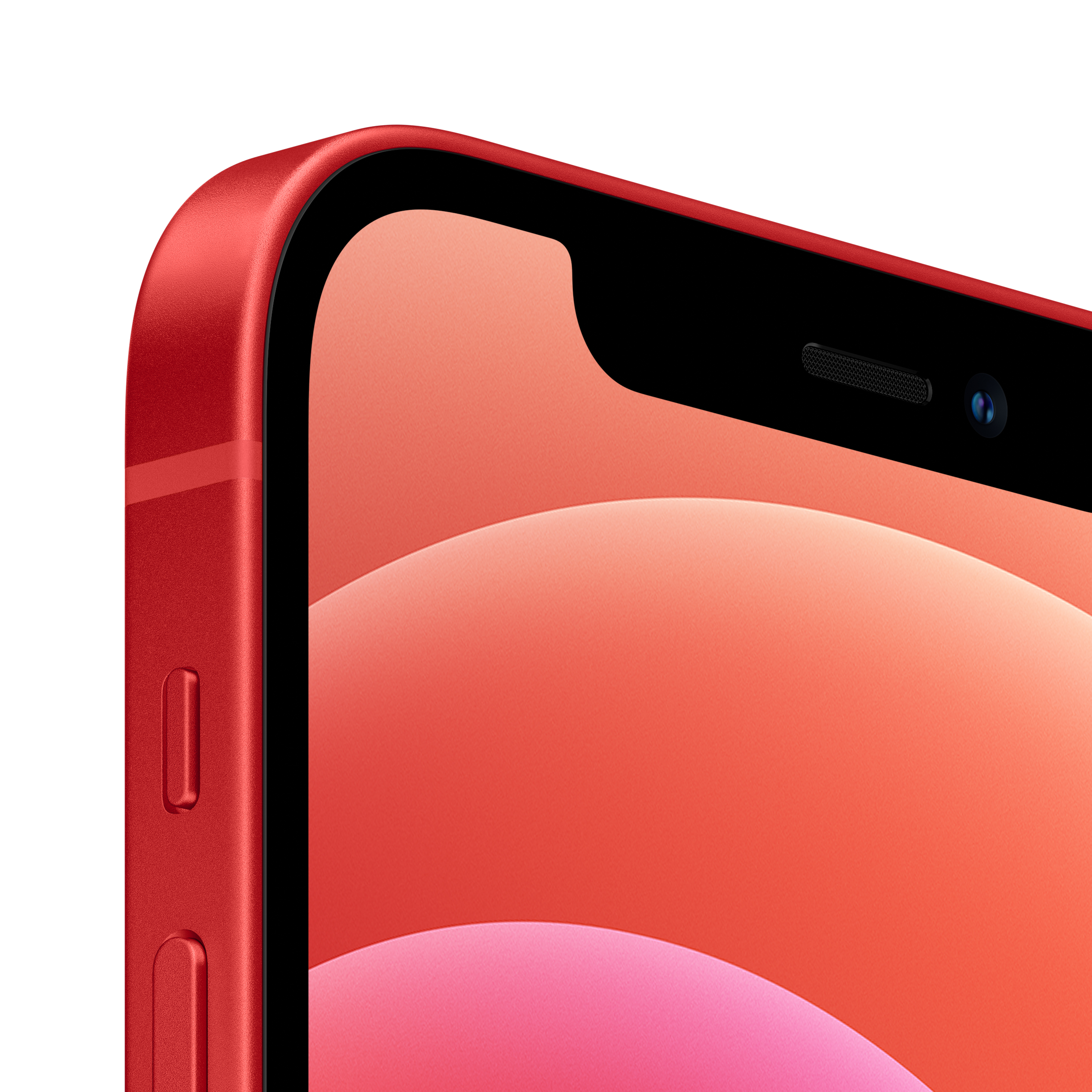 Kırmızı bir iPhone'un üst köşesi, ekranı, kamerayı ve düğmeleri gösteriyor.