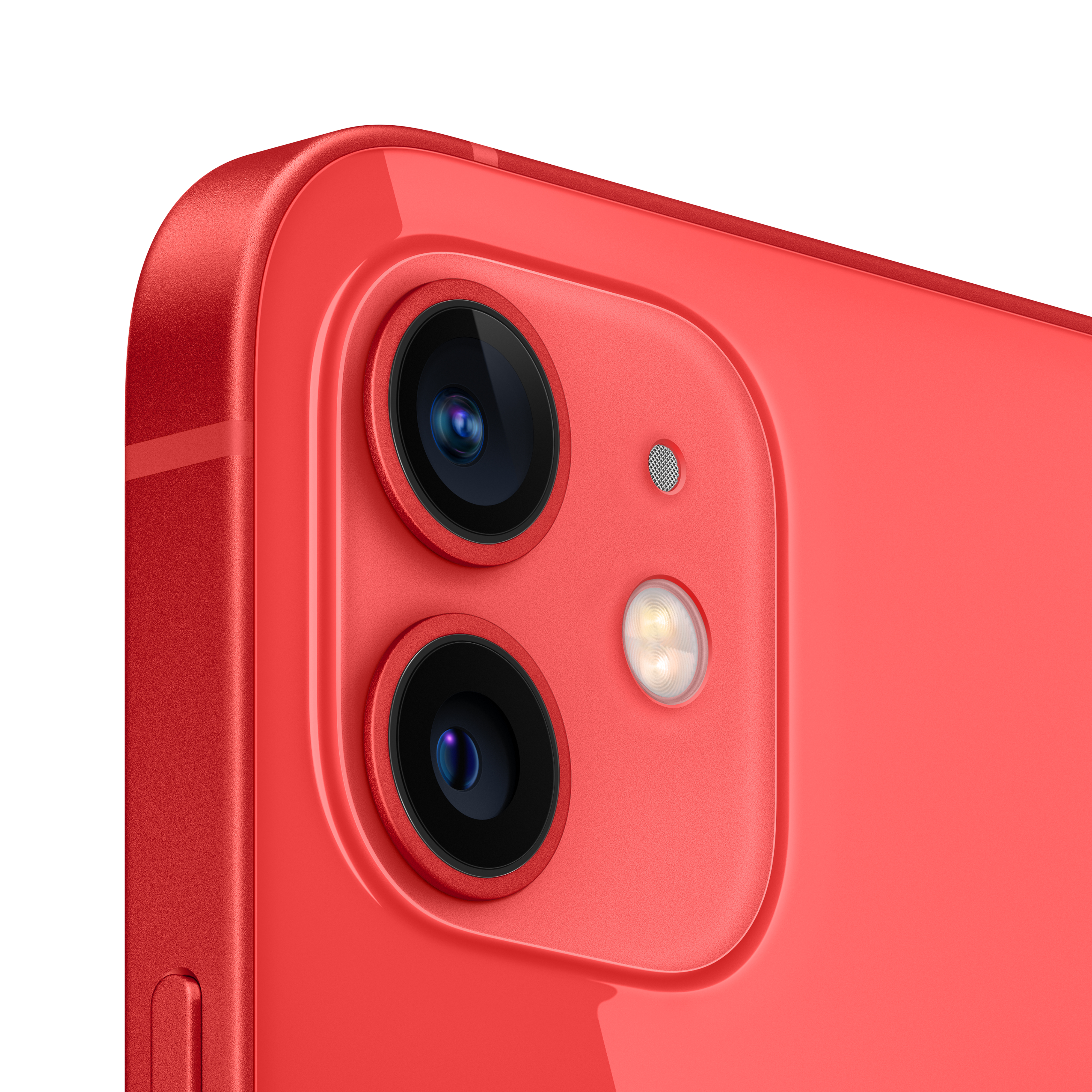 İki lensli ve flaşlı kırmızı bir iPhone 12 kamera modülünün yakın çekimi.