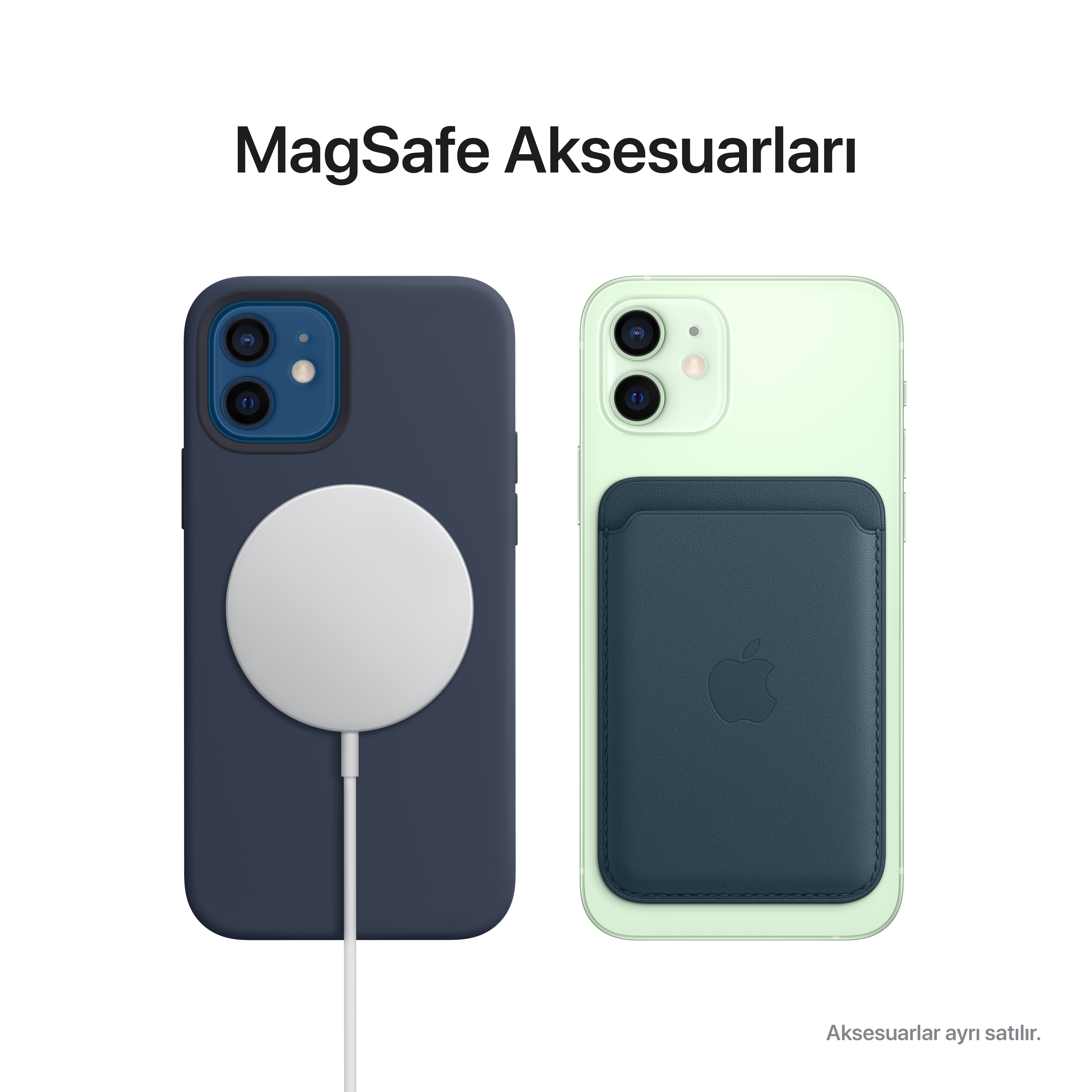 İki telefon, biri mavi, biri yeşil, beyaz bir MagSafe şarj cihazının yanında.