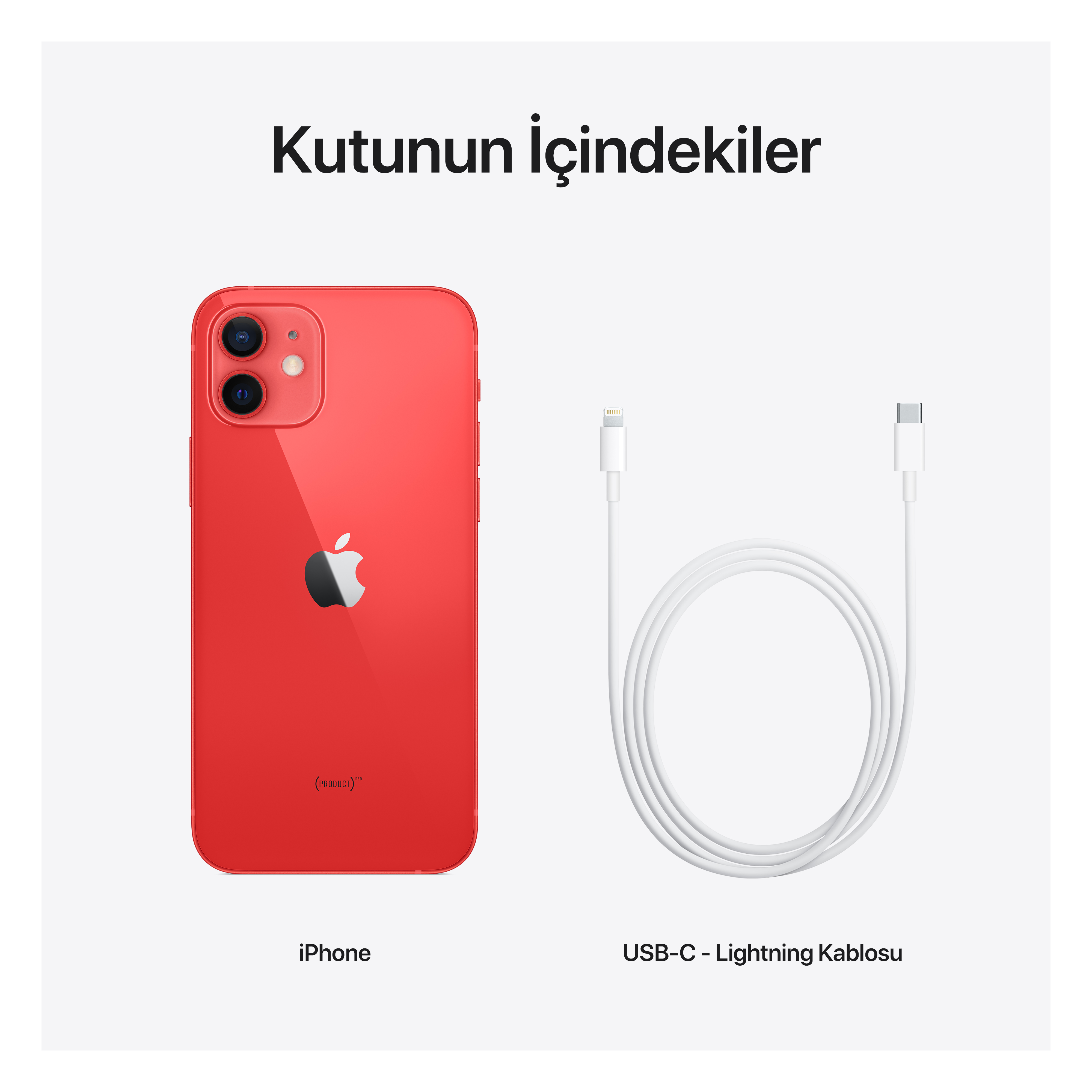 Kırmızı bir iPhone ve beyaz bir USB-C - Lightning kablosu beyaz bir yüzeyde.