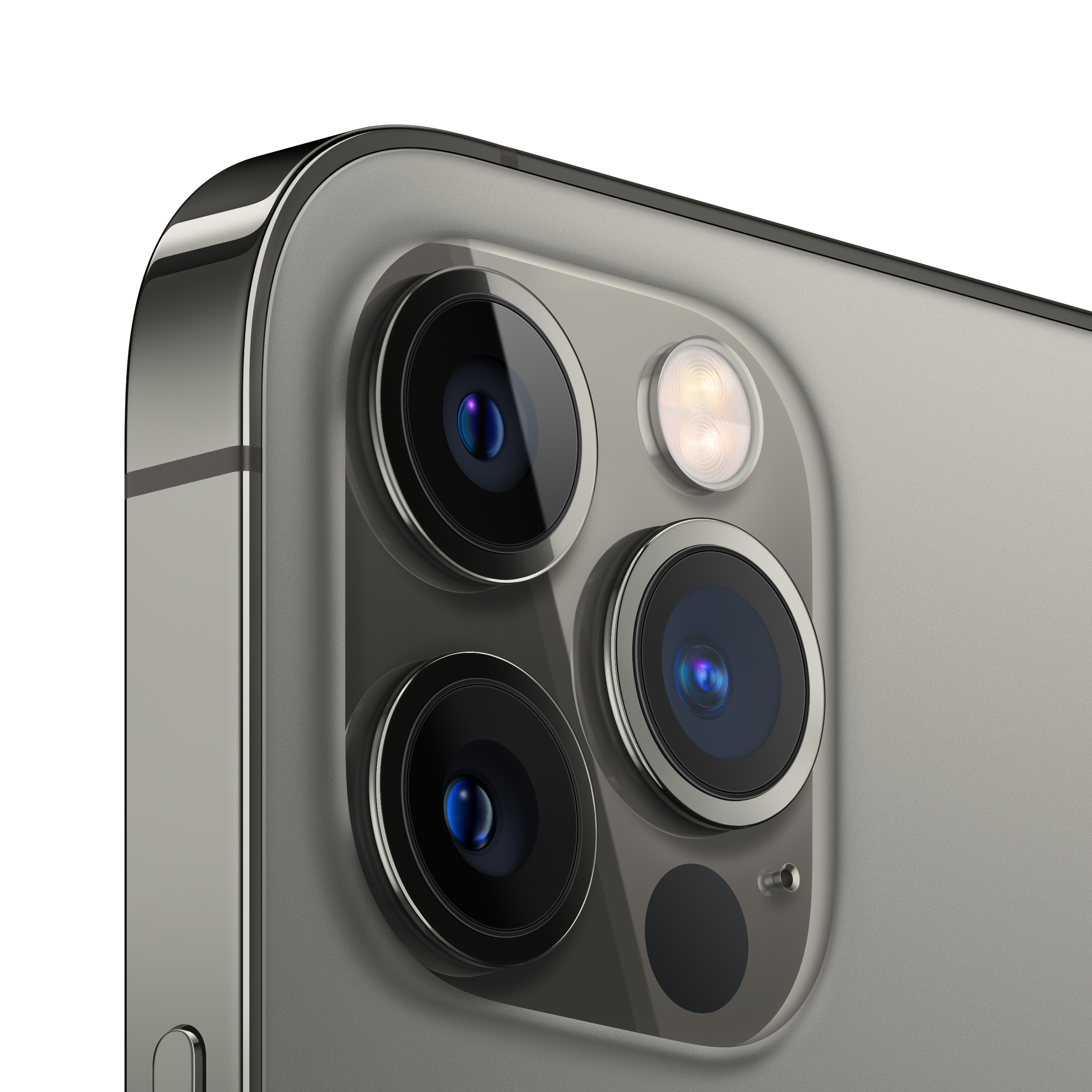 Gümüş bir iPhone 13 Pro'nun kamera sisteminin yakın çekimi.