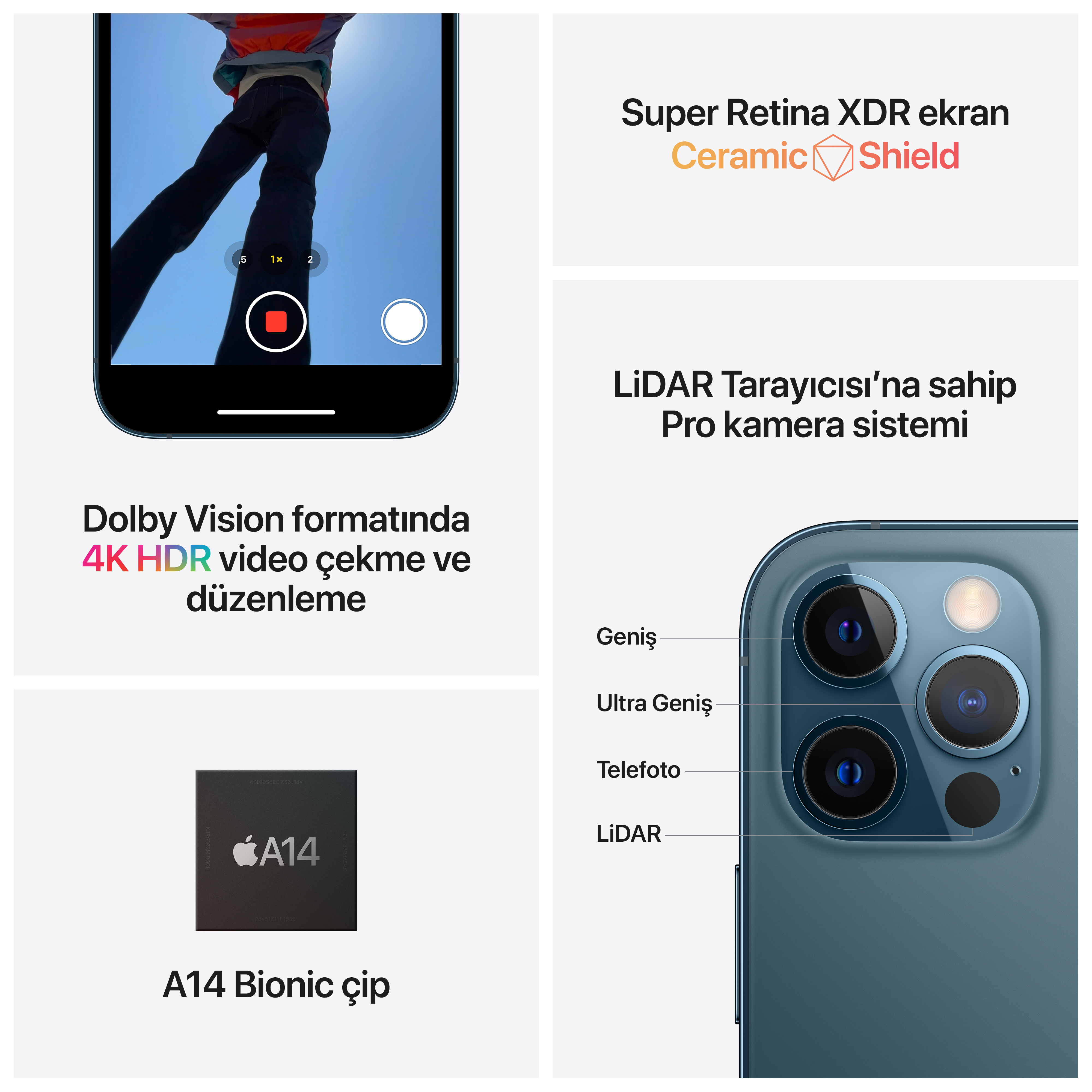 Video kaydı ve kamera özelliği detaylarına sahip iPhone. A14 Bionic çip, HDR video ve Pro kamera sistemi.