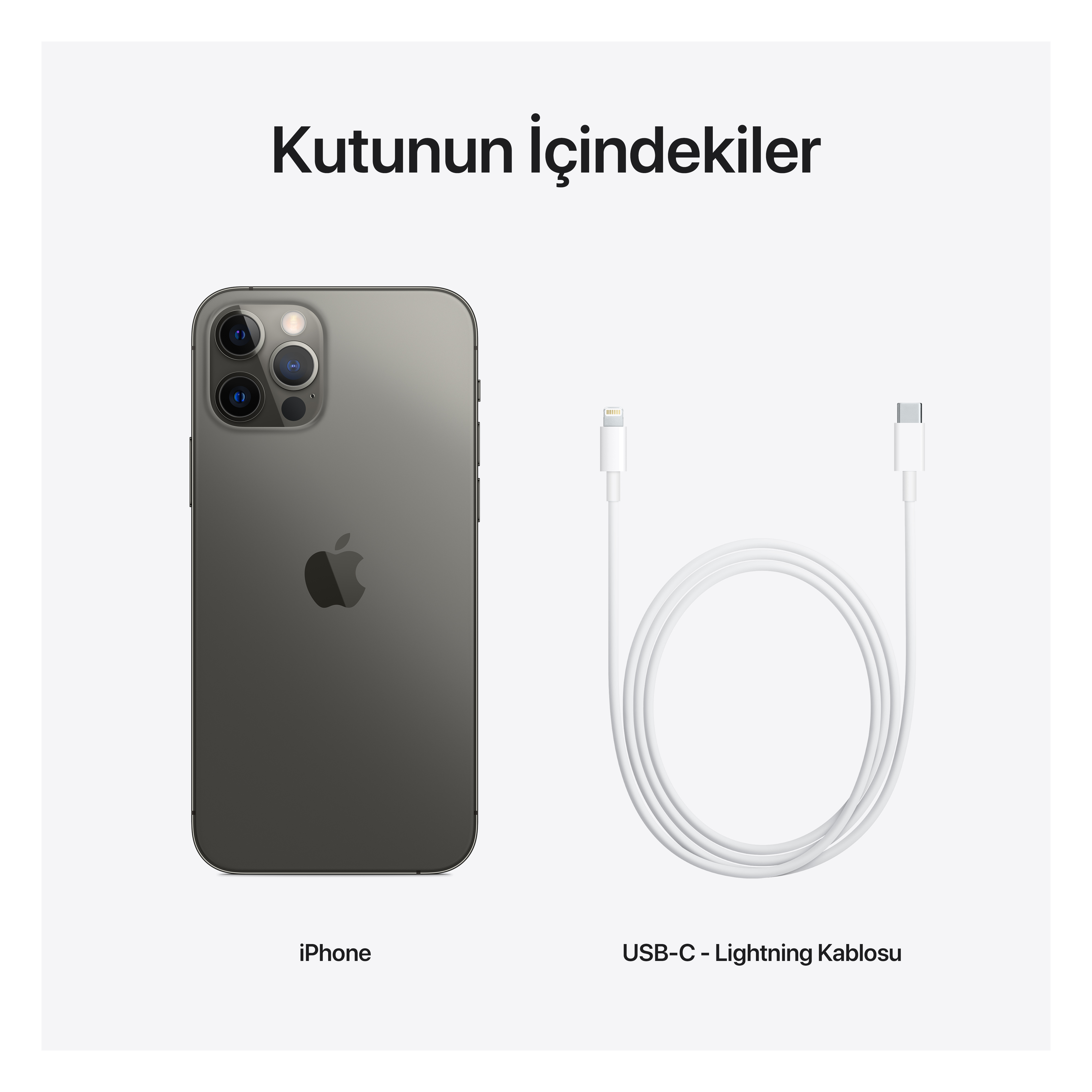 Bir iPhone ve beyaz bir USB-C - Lightning kablosu. Metin: iPhone, USB-C - Lightning Kablosu. Beyaz arka plan.