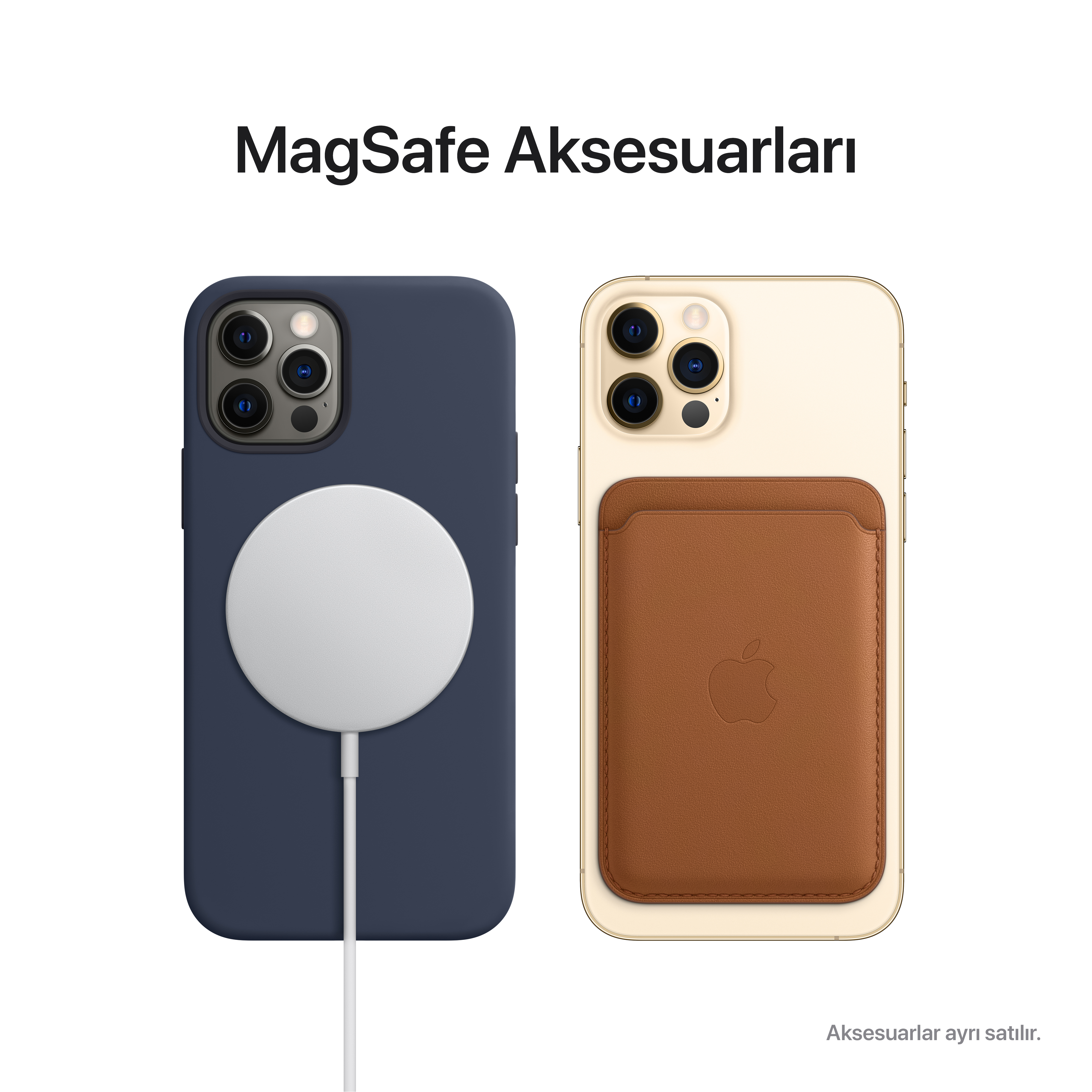 MagSafe şarj cihazlı mavi iPhone kılıfı ve kahverengi deri kartlıklı iPhone.