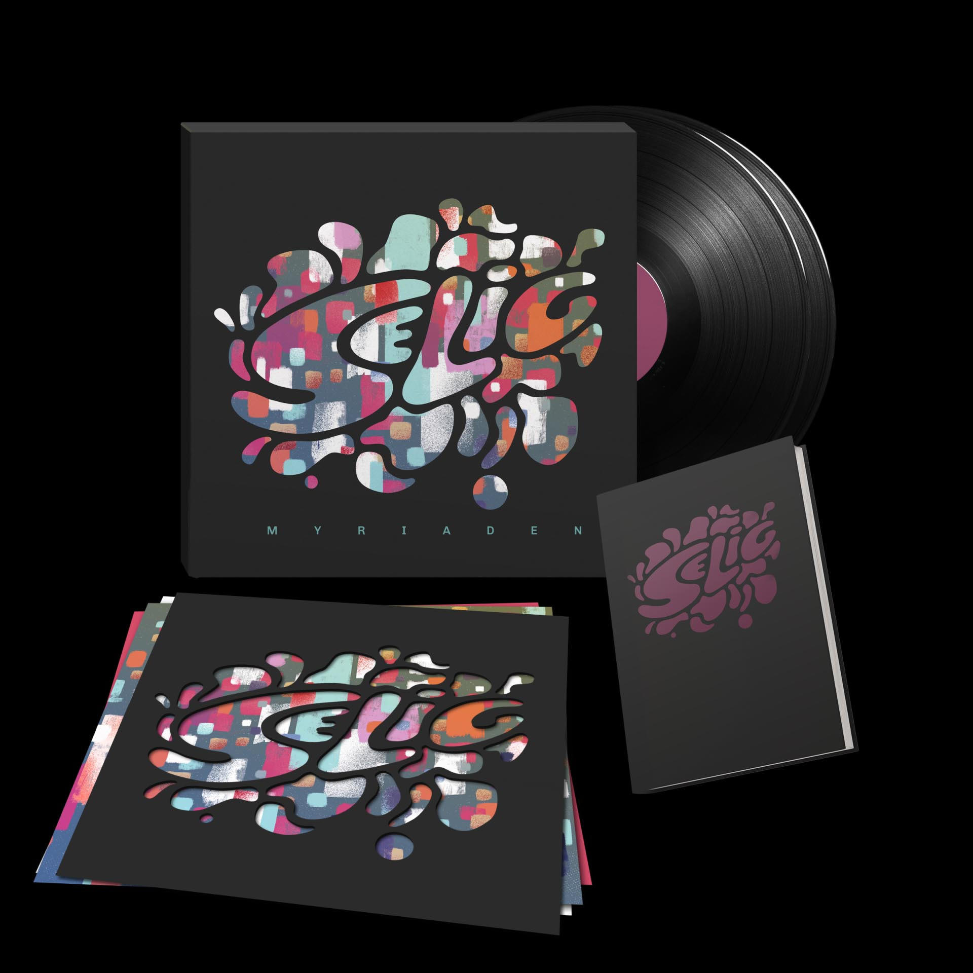 Albumcover mit bunten Formen und Text, eine Schallplatte und ein Booklet auf Schwarz.
