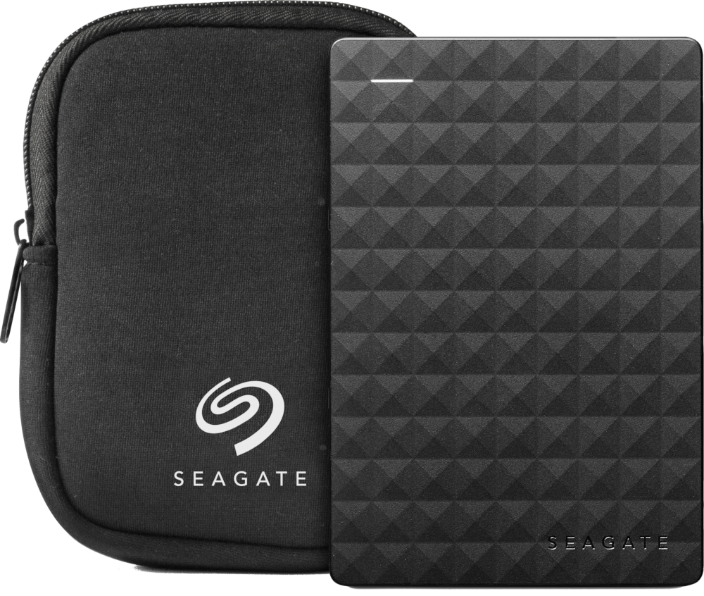 Disque dur portable noir avec étui de transport noir assorti. Logo Seagate blanc sur l'étui.