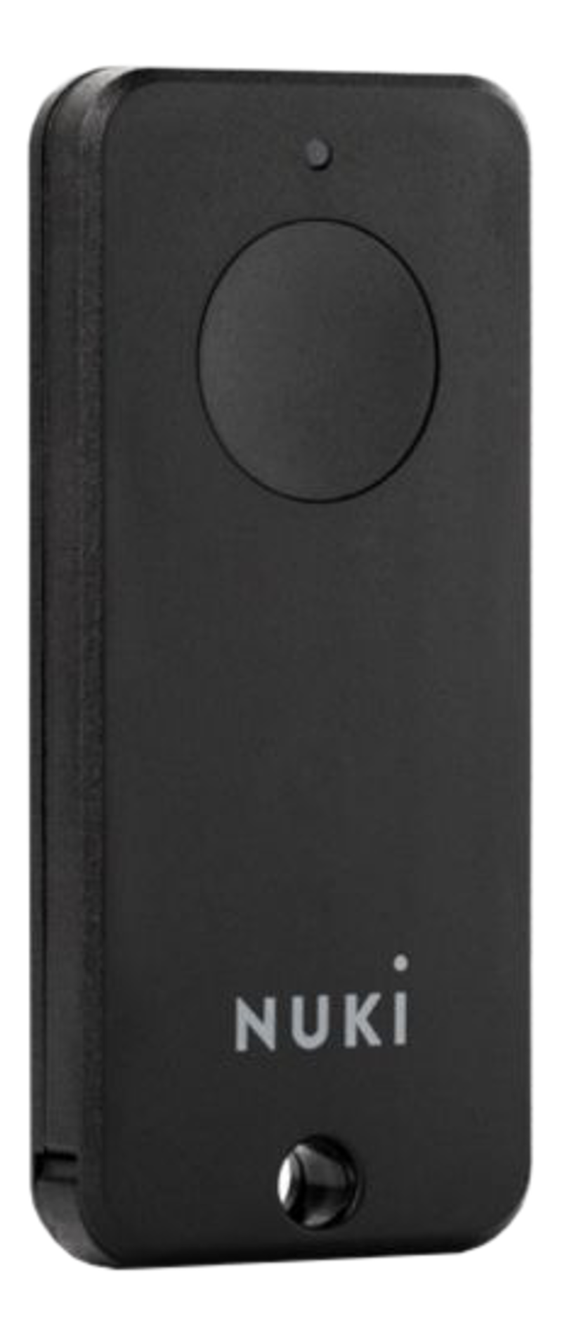 Un telecomando Nuki nero con un pulsante grande, un pulsante più piccolo e una piccola luce.