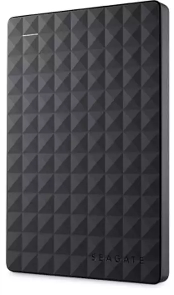 Un disque dur externe Seagate noir texturé. Le logo Seagate est visible.