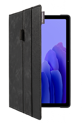 Black tablet case open, revealing a tablet. The case is leather-like, with a Gecko logo.
