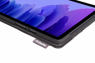 Tablet in a black case with a Gecko label, showing the top-left corner.