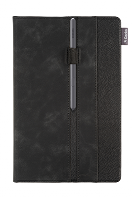 A black tablet case with a silver stylus pen secured by an elastic strap on the right.