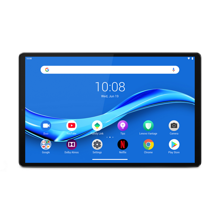 Una tableta que muestra la hora 10:08, con iconos de aplicaciones y fondo azul.