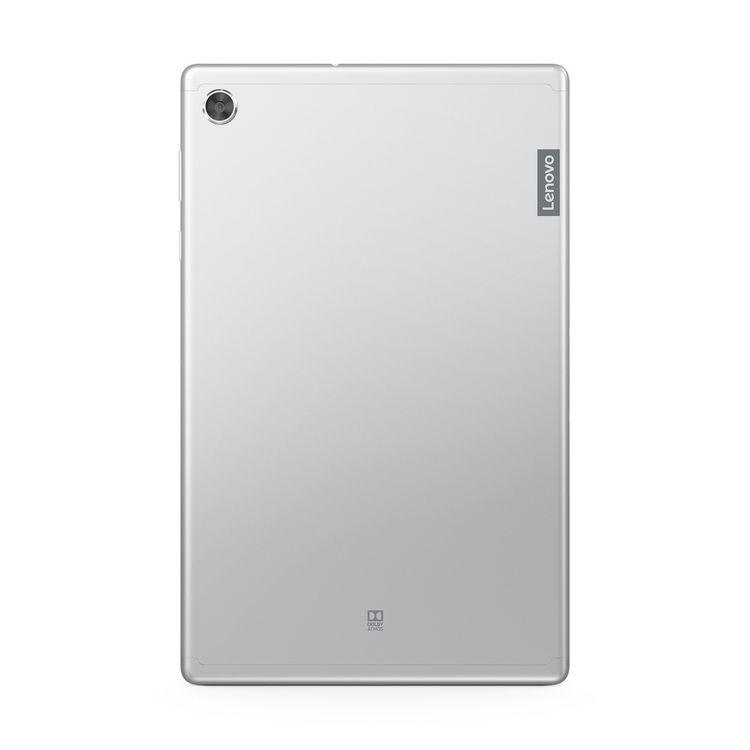 Parte trasera de una tableta plateada con lente de cámara y el logotipo de Lenovo. La superficie es limpia y brillante.
