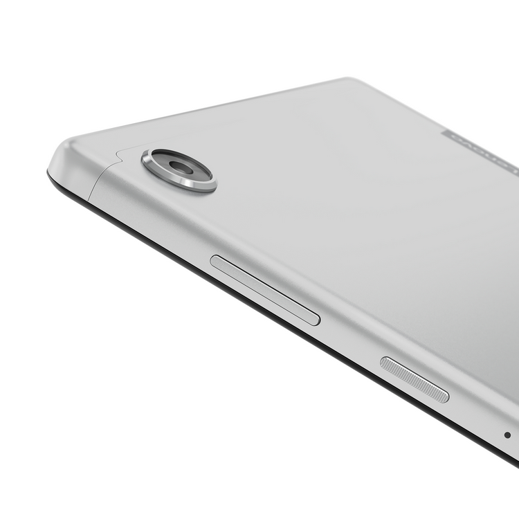 Dispositivo de tableta plateado sobre una superficie blanca.