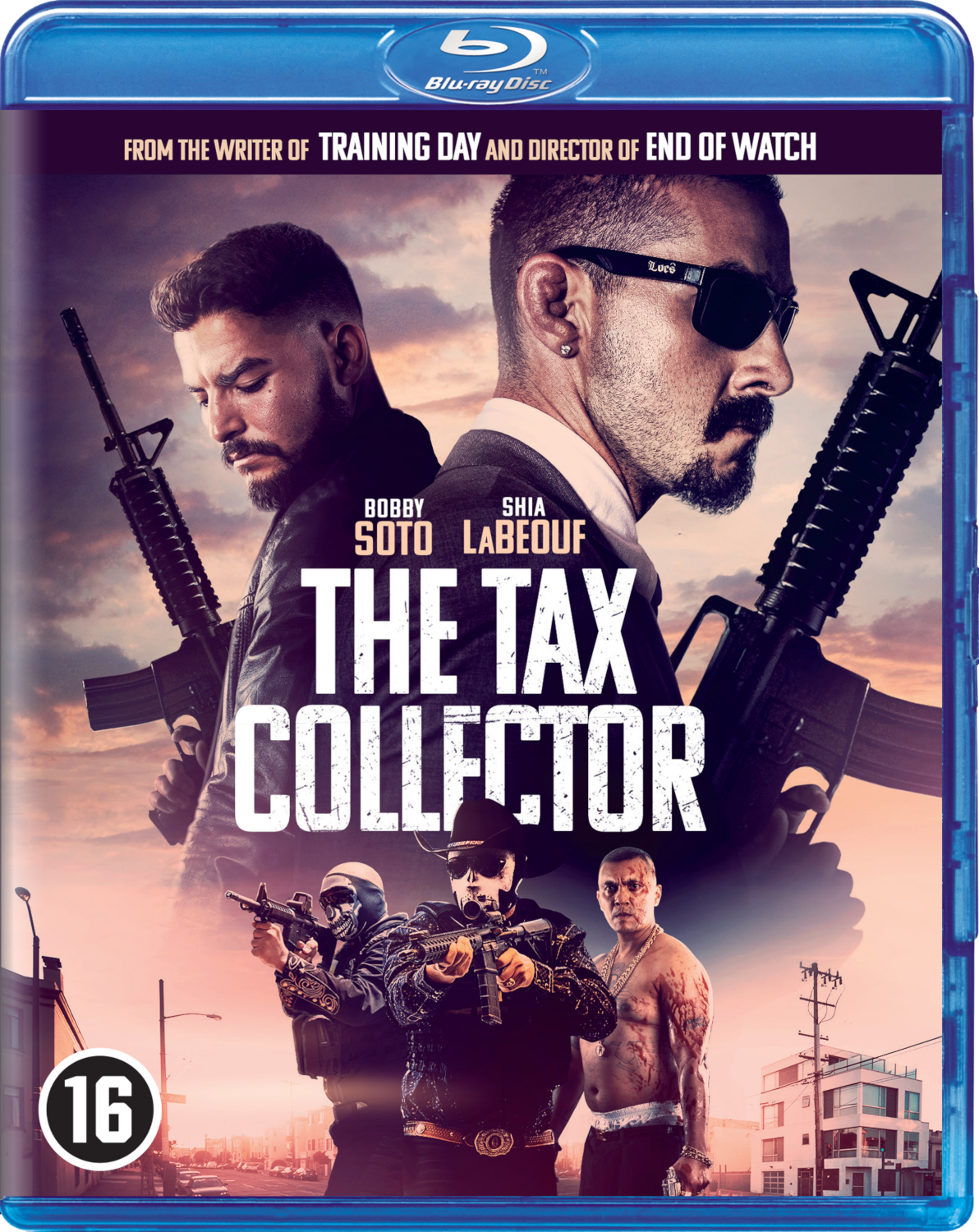 Blu-ray hoes: Twee mannen met wapens, titel 'The Tax Collector'. Acteurs Bobby Soto en Shia LaBeouf.