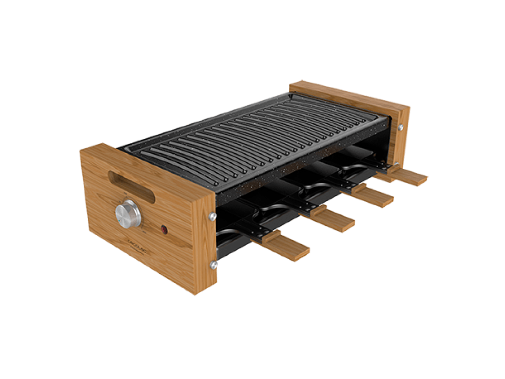 Raclette - Cecotec Cheese&Grill 8200 Wood Black, 1200 W, Placa antiadherente, 8 Sartenes incluidos, Negro