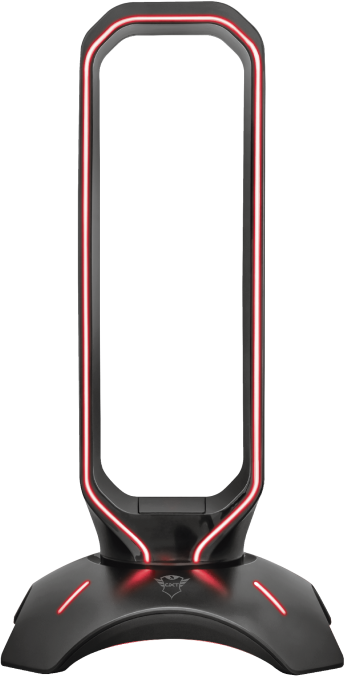 Fekete-piros headset állvány ívelt dizájnnal, piros fényekkel megvilágítva.