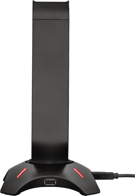Fekete mikrofonállvány piros lámpákkal és USB-porttal.