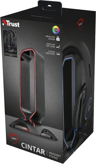 Egy fekete és piros headset állvány, a jobb oldalon egy headset-tel.