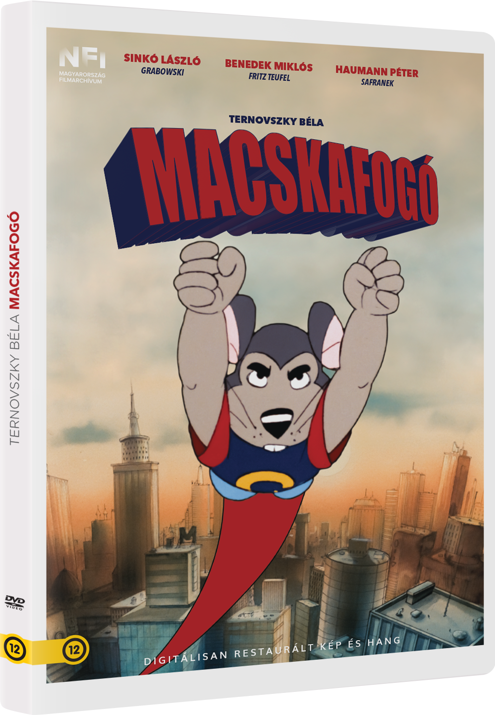 Egy magyar animációs film DVD-borítója, rajzolt egérrel, amint egy városban repül.