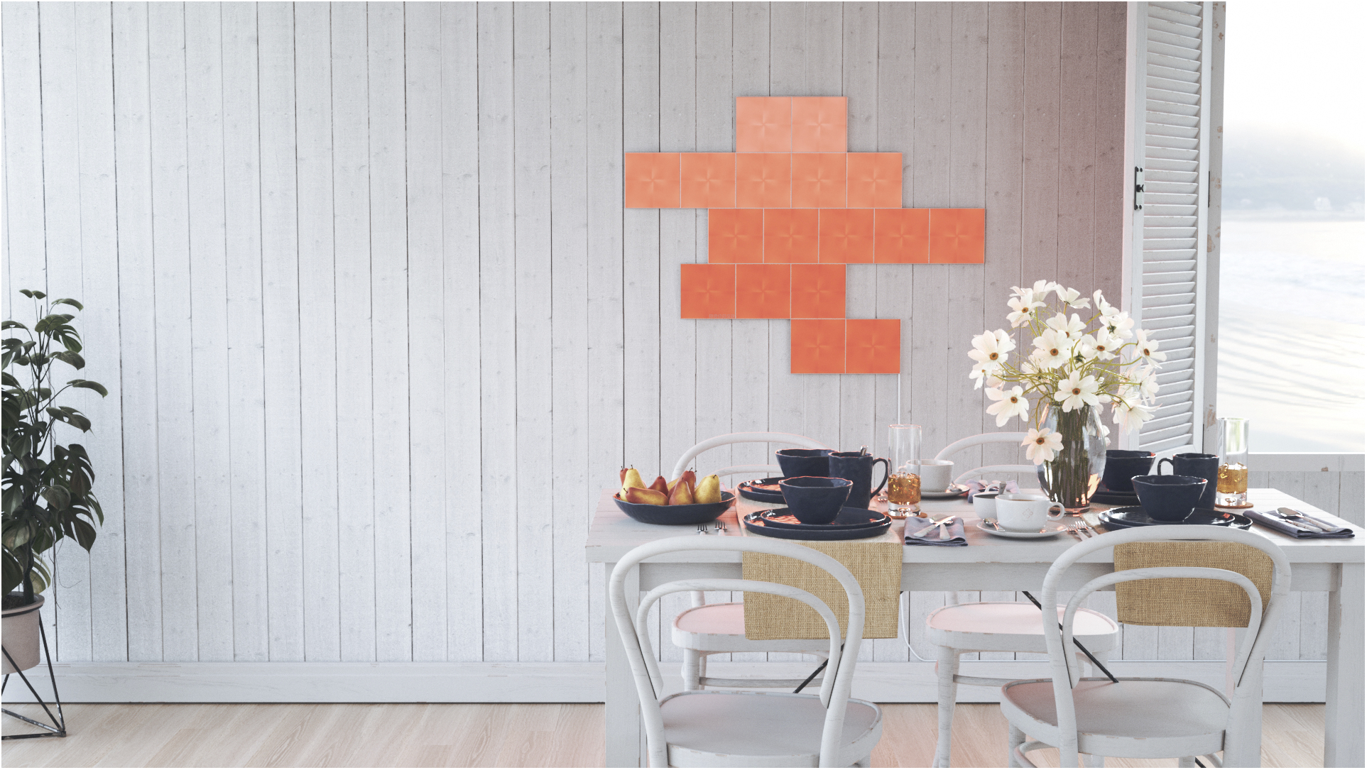 Ein Esszimmer mit einem für eine Mahlzeit gedeckten Tisch, orangefarbene Einrichtung.