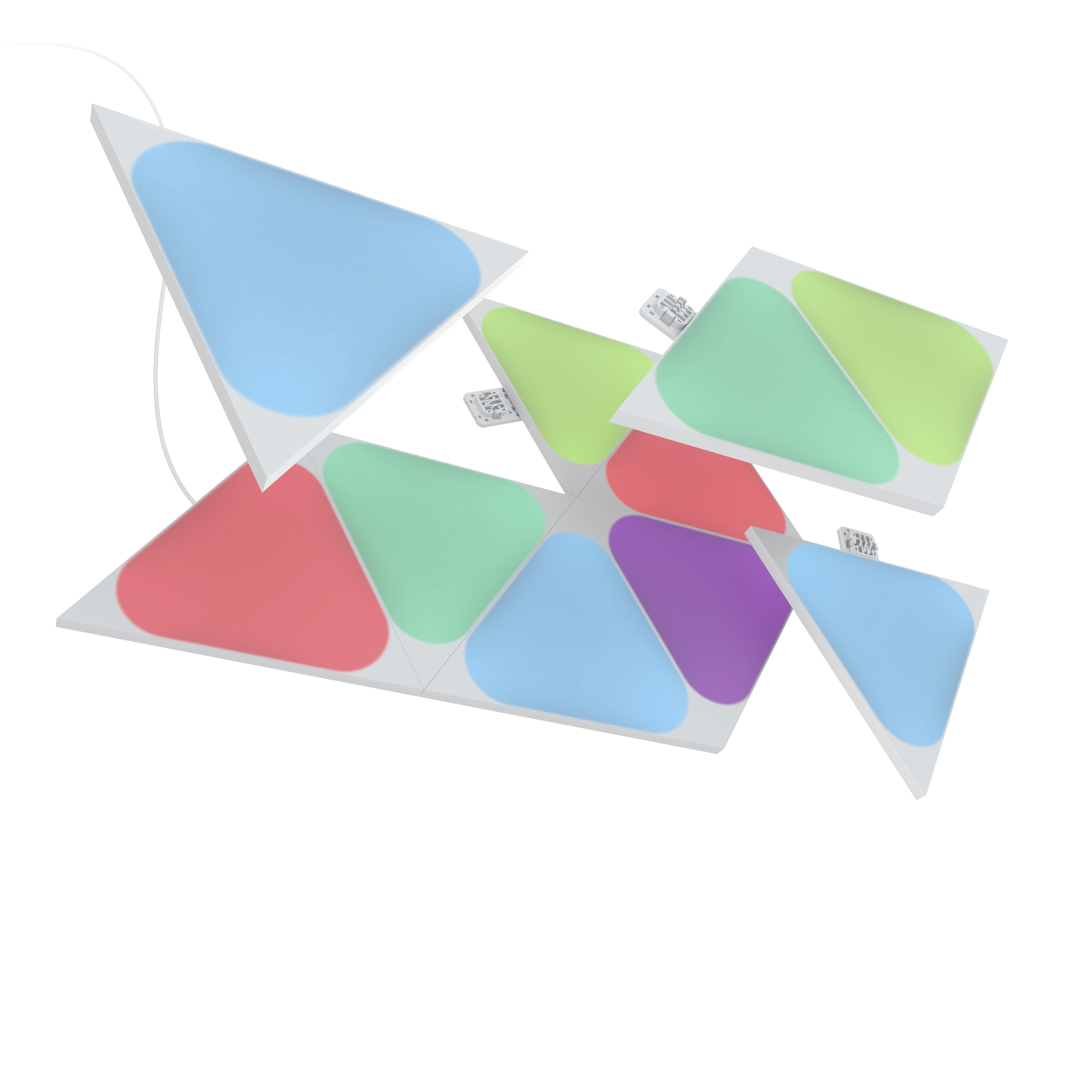Bunte, geometrische Wandpaneele in verschiedenen Formen, darunter Dreiecke, und ein weißer Hintergrund.
