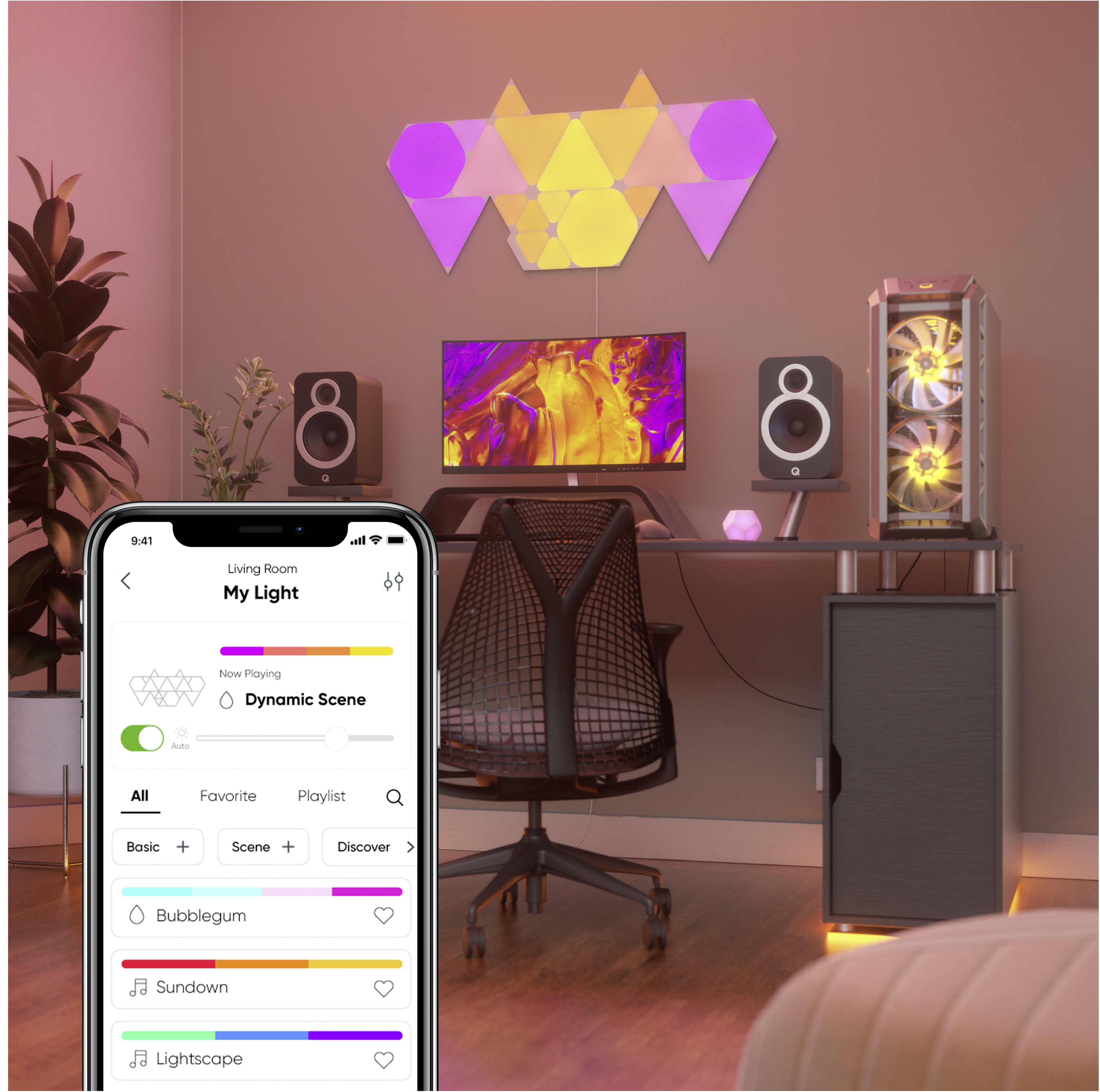 Ein modernes Wohnzimmer mit Smart Home-Technologie: Telefon, Lautsprecher, PC und Lichtpaneele.