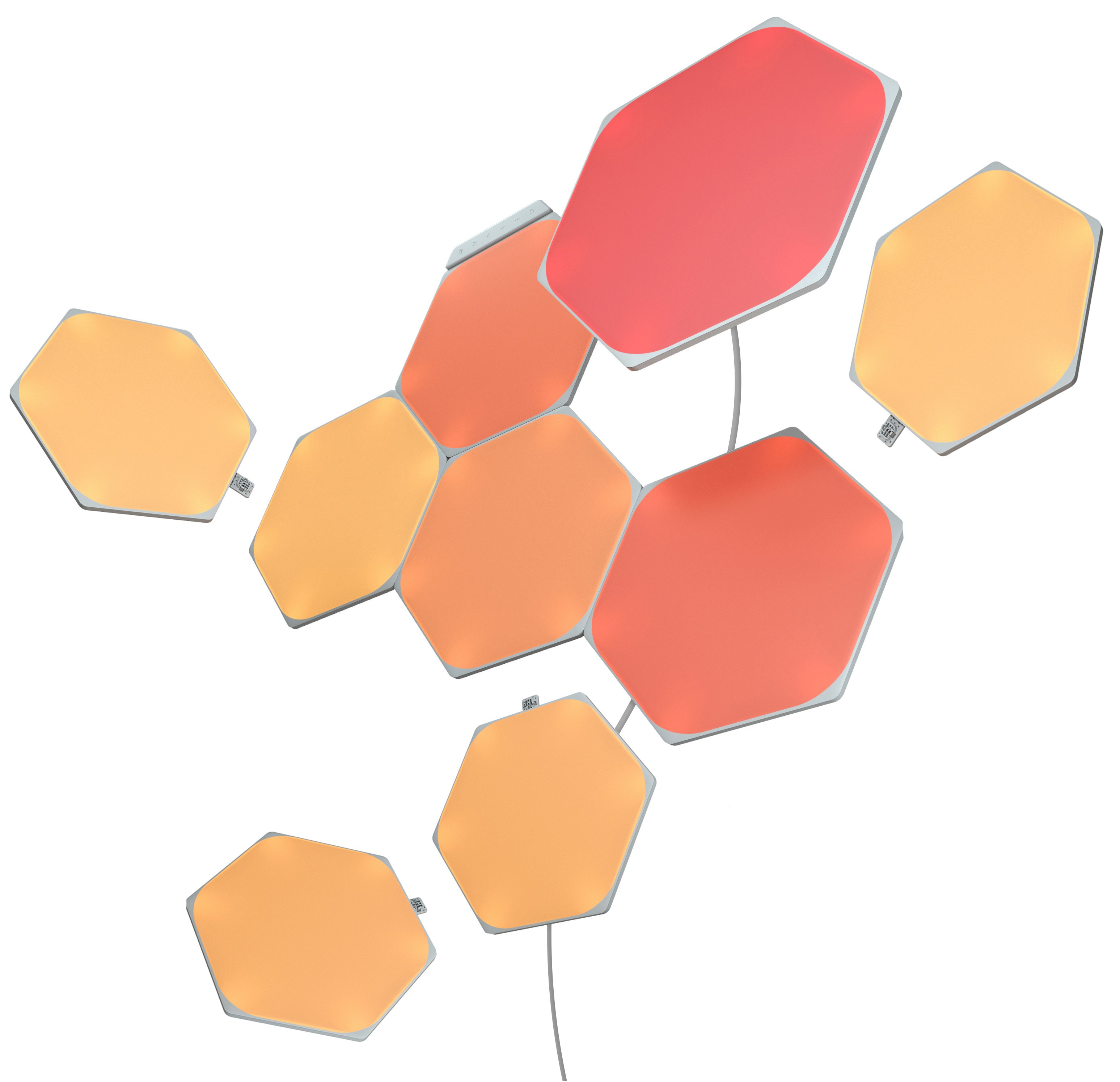 Sechseckige, farbenfrohe, beleuchtete Wandpaneele, in einem Design angeordnet.